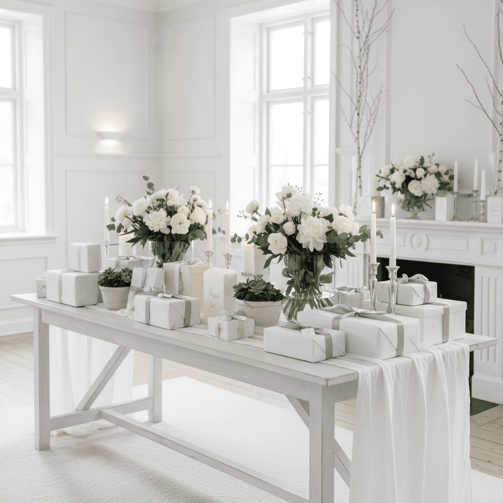wedding gift table in elegant Scandinavian venue, white tones, flowers, wrapped gifts