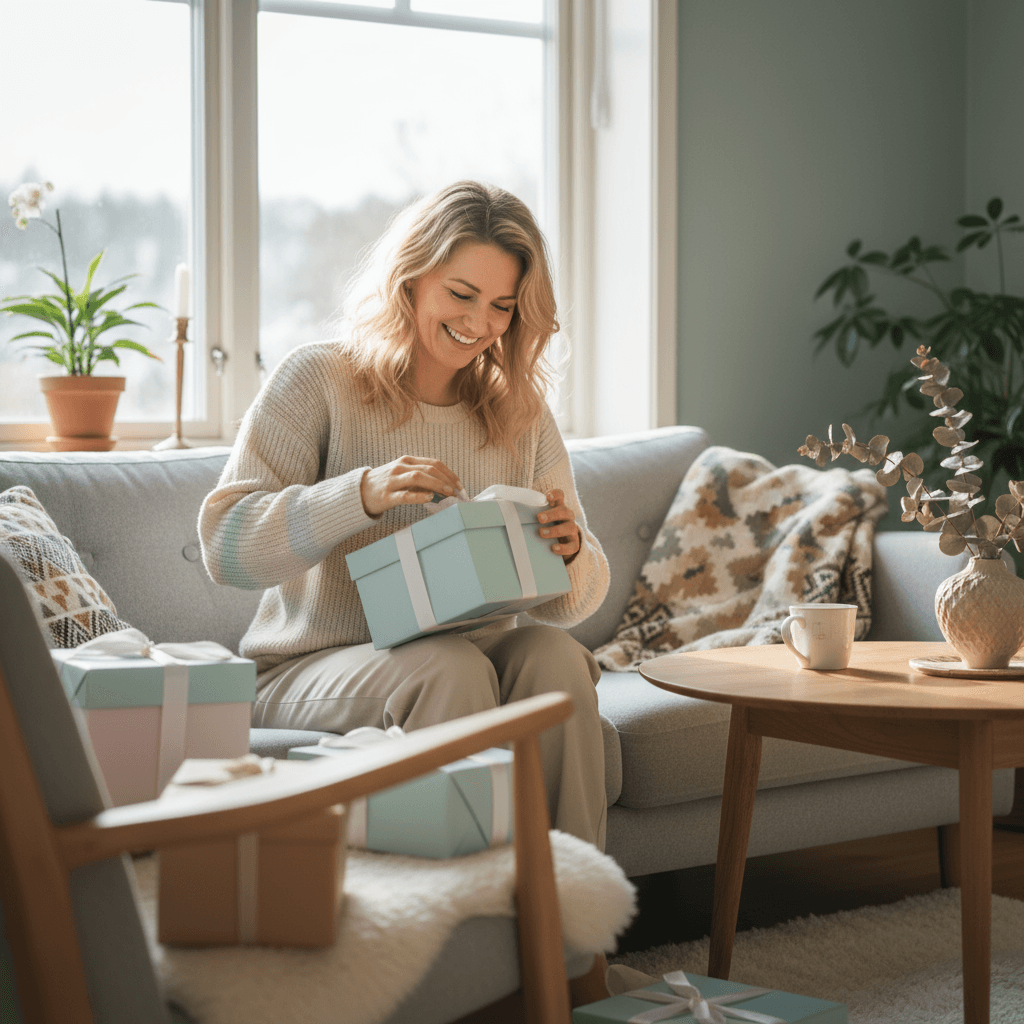 woman smiling while opening birthday gift, daylight, cozy Scandinavian home, soft pastels