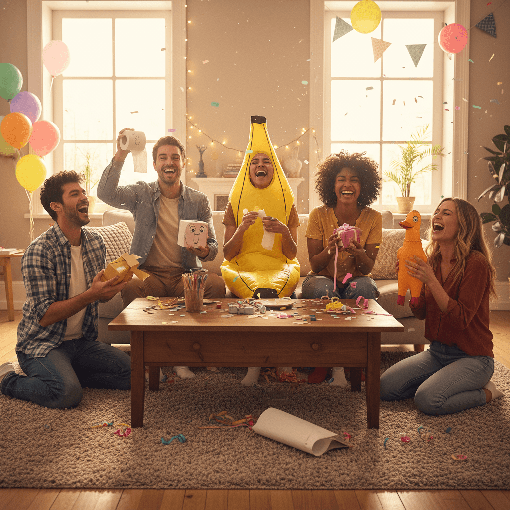 friends laughing while exchanging funny gifts, bright and joyful atmosphere