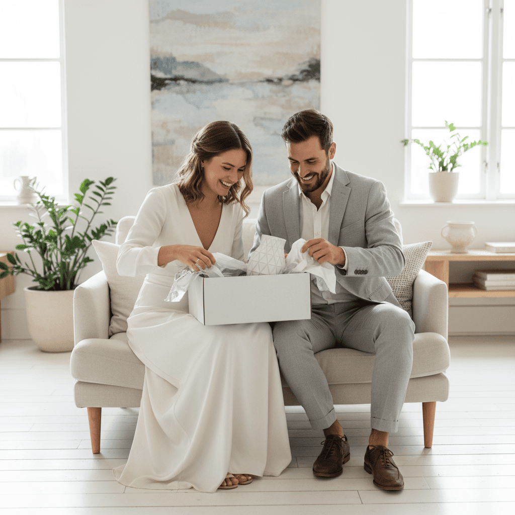 couple opening wedding gift, bright elegant tones, minimal Scandinavian wedding style