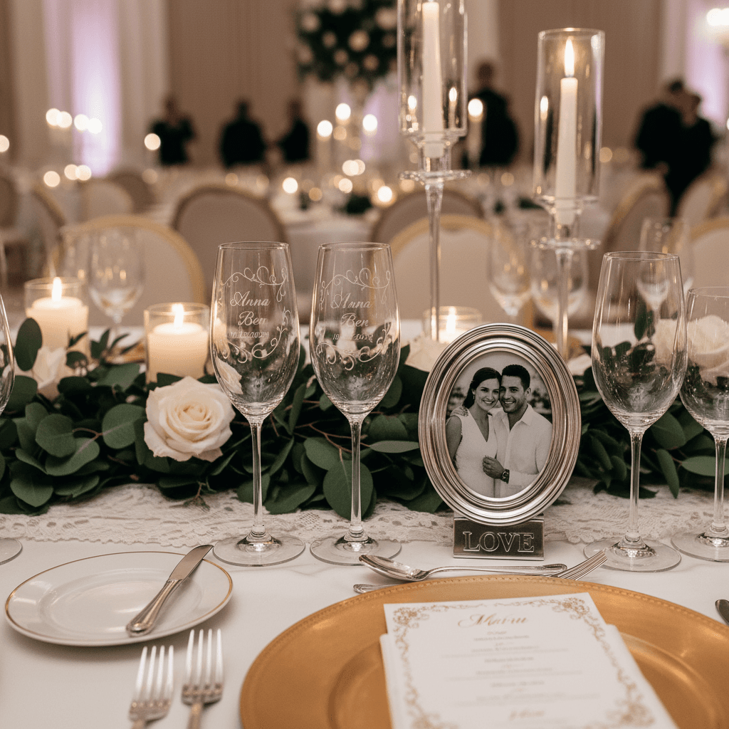engraved champagne glasses or photo frame, elegant wedding table setting