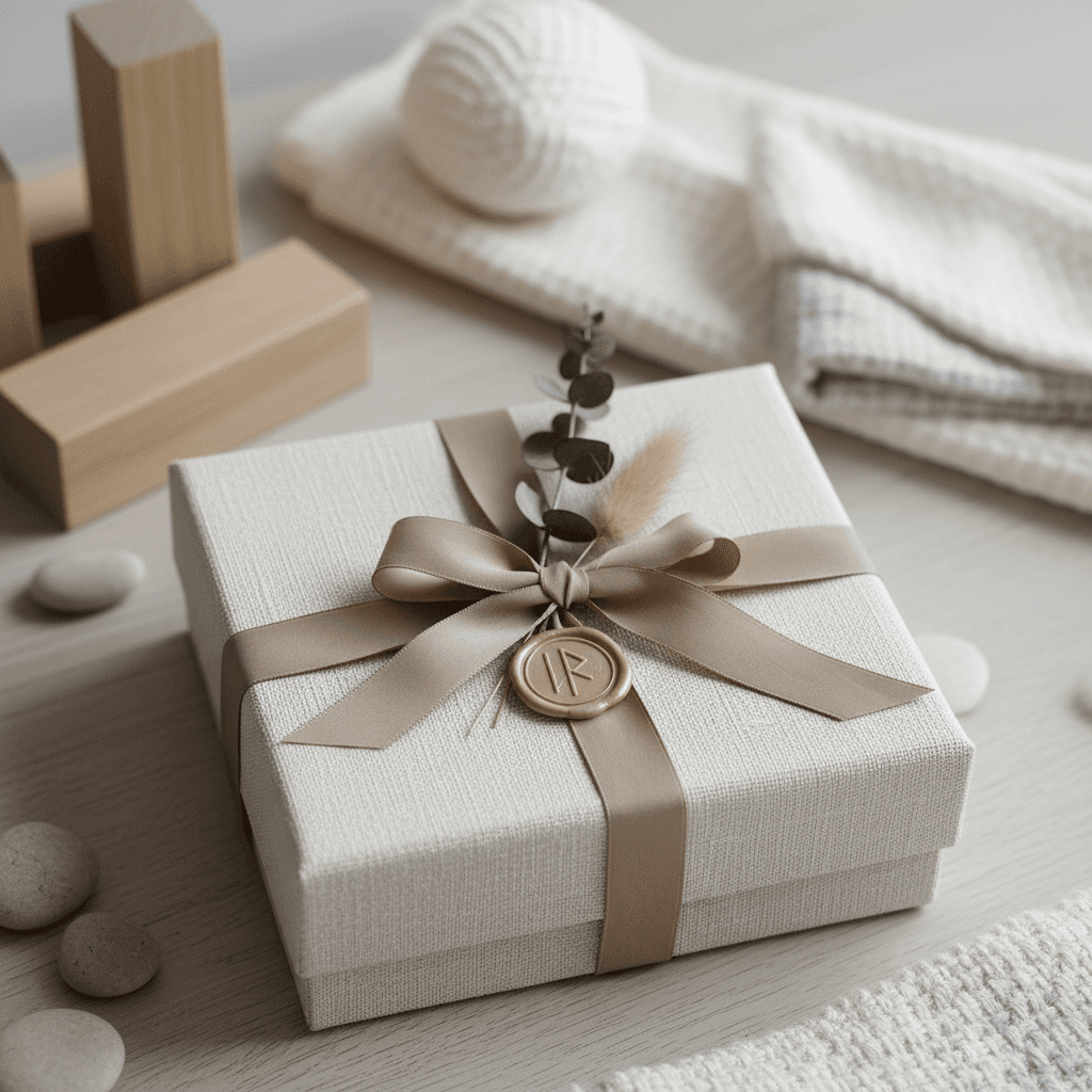 luxury gift box with ribbon, Scandinavian wedding aesthetic, neutral tones