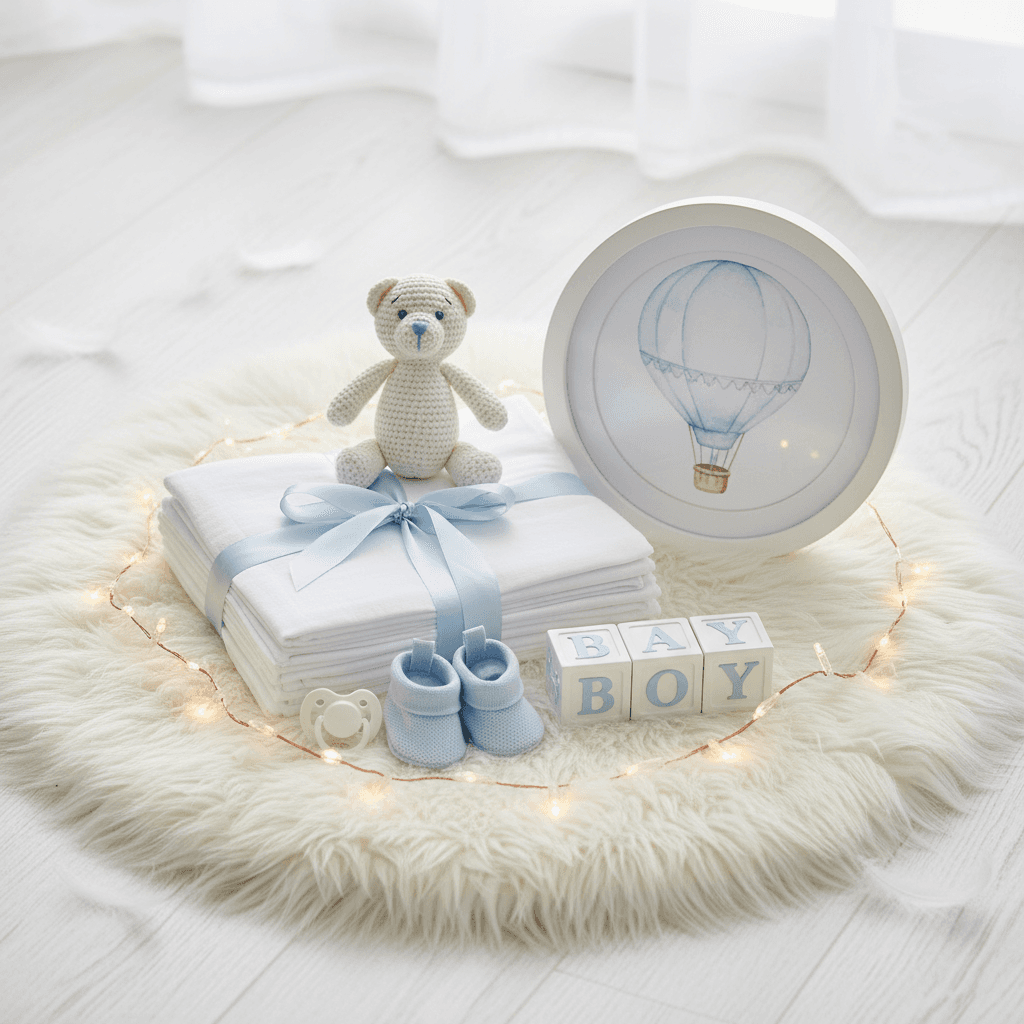 baby boy gift setup, light blue accents, white soft tones, minimal decor