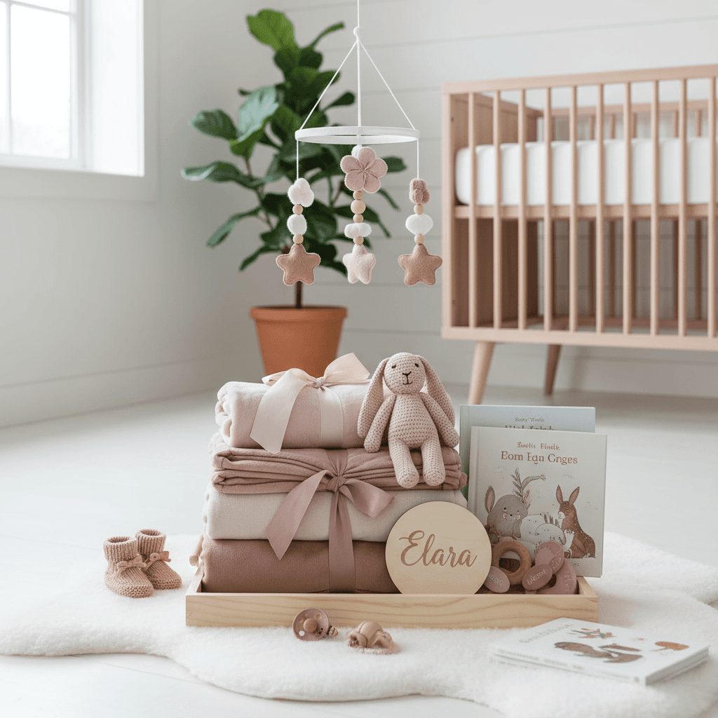 baby girl gift setup, light pink tones, neutral Scandinavian backdrop