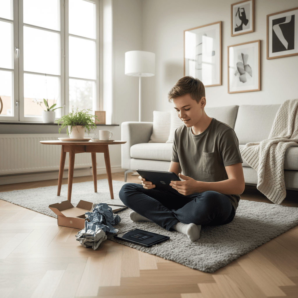 teenage boy turning 18 unwrapping tech gadget in cozy Scandinavian living room, natural light, minimal decor, subtle excitement