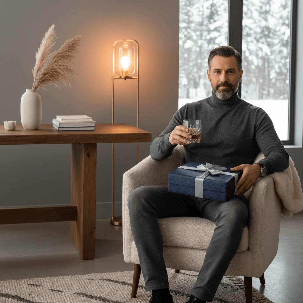 man in his 40s holding whisky glass and elegant gift box, warm ambient light, sophisticated Scandinavian vibe