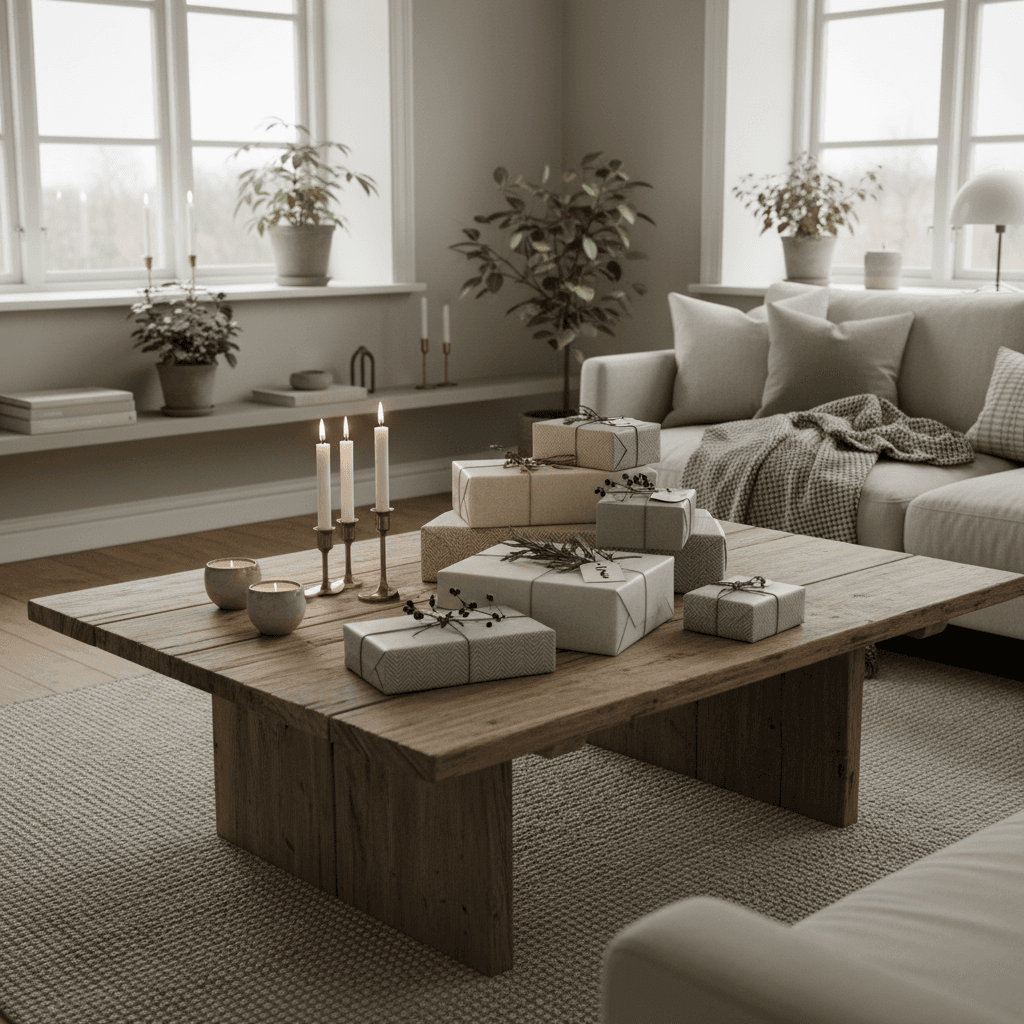 cozy Scandinavian interior, wrapped gifts on wooden table, soft daylight, candles, muted tones, subtle green accents, Swedish aesthetic, thoughtful gifts