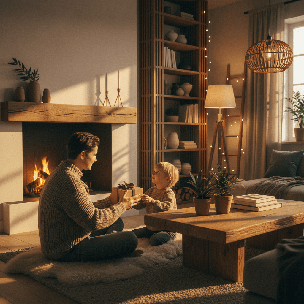 father and child sharing a gift in cozy home lighting, warm tones, natural wood, Scandinavian design