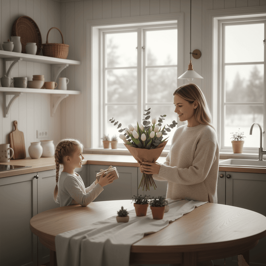 mother receiving flowers and gift in a light Scandinavian kitchen, soft natural tones, warm and gentle