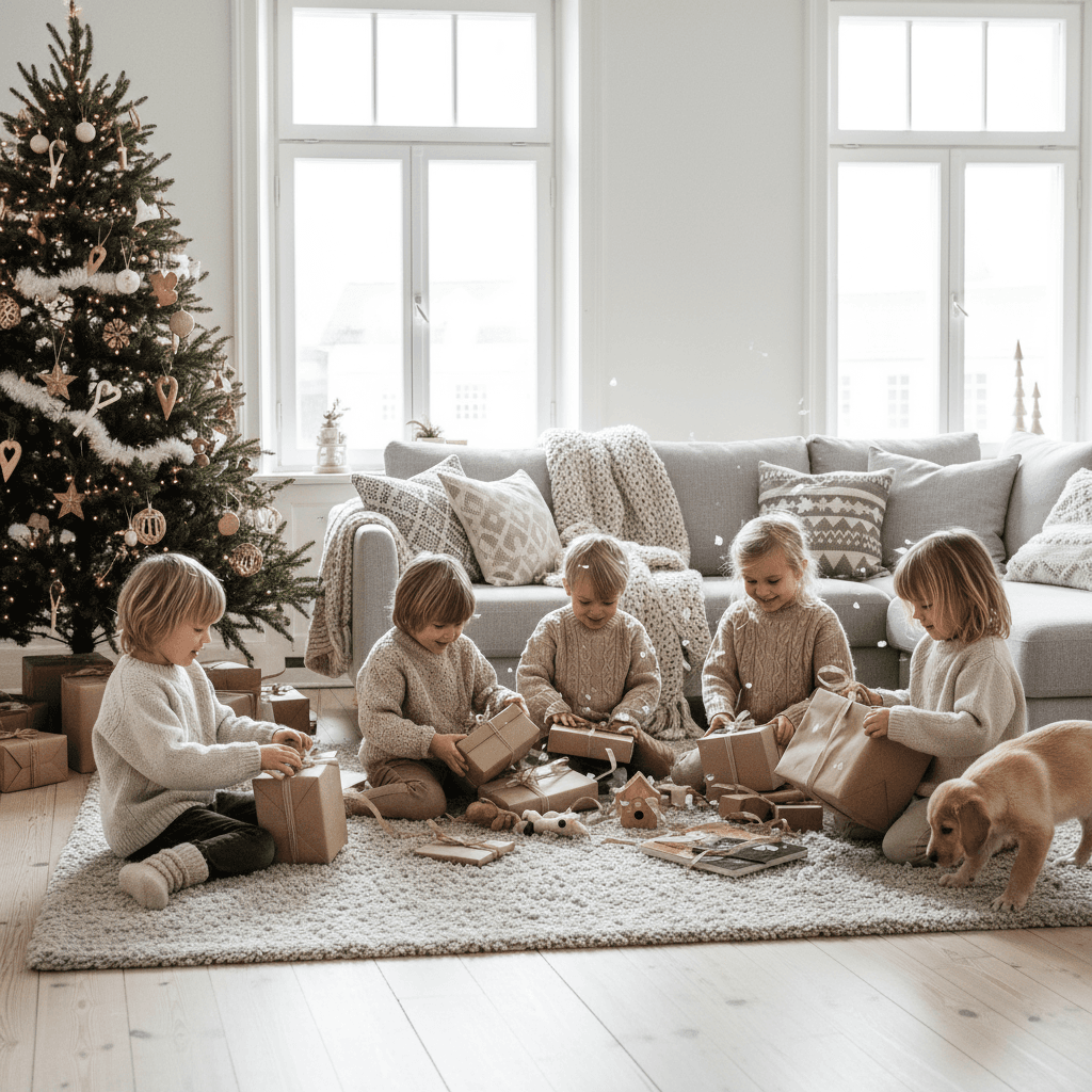 children opening gifts in a Scandinavian interior, daylight, playful mood, soft textures, joyful feeling