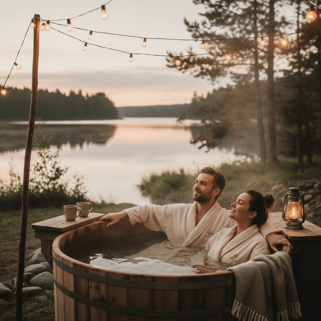 couple enjoying an outdoor experience, sauna or lakeside hot tub, natural tones, cozy ambient light