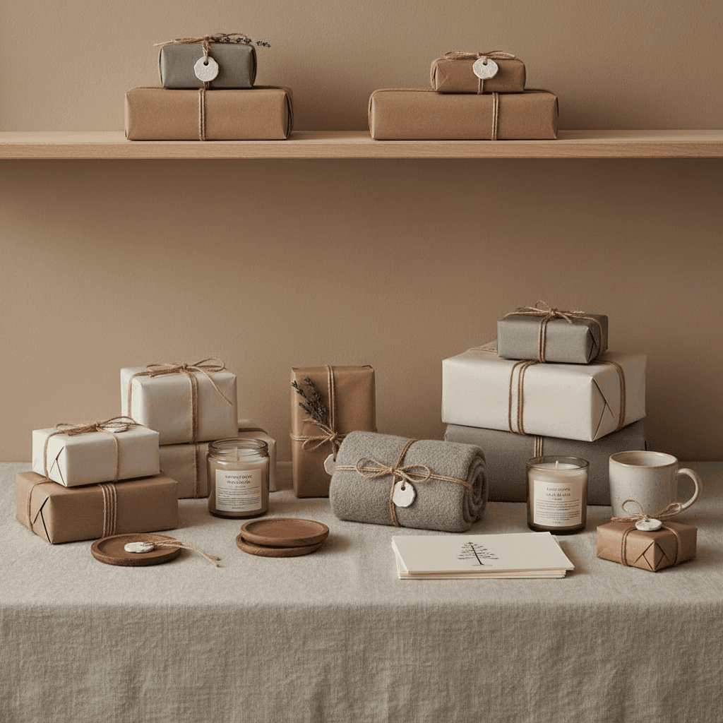 neatly arranged small gifts under 300 SEK, minimalist Scandinavian composition, neutral background, earthy tones