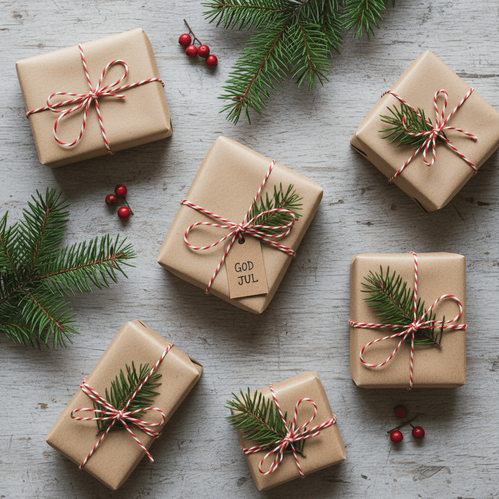 flat lay of small Christmas gifts under 300 SEK, kraft wrapping, red twine, pine needles, minimalist look