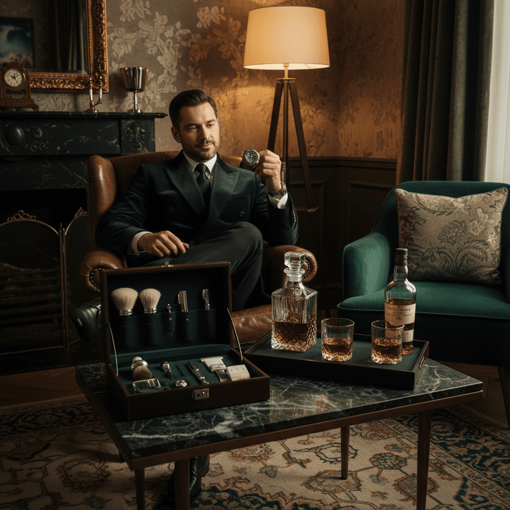 man enjoying a luxury gift — watch, whisky set, grooming kit — ambient light, dark green accent
