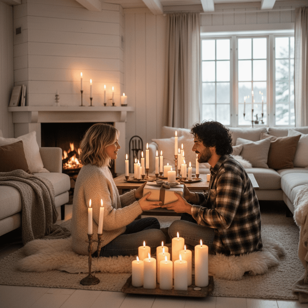 woman giving a gift to her partner in candlelit Scandinavian interior, warm ambiance