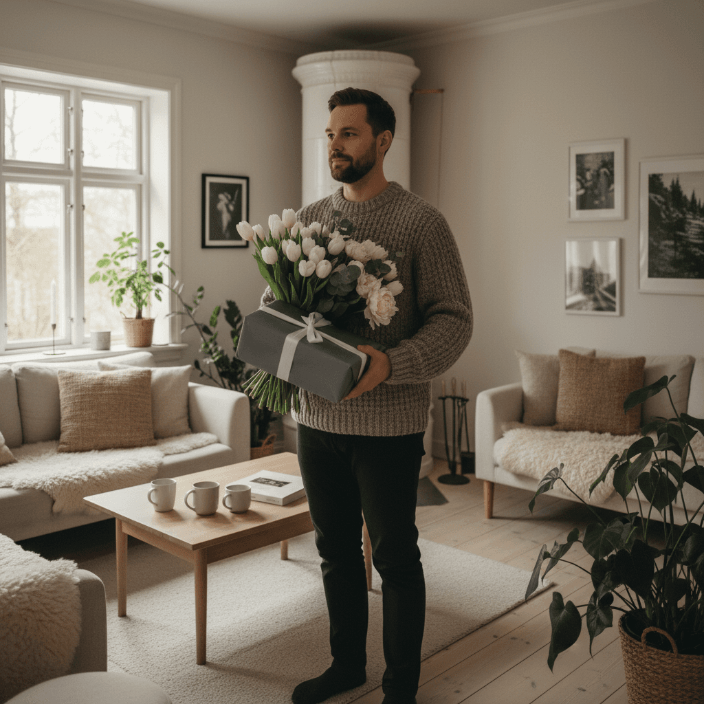man holding a wrapped gift and flowers for his partner, soft lighting, Scandinavian home