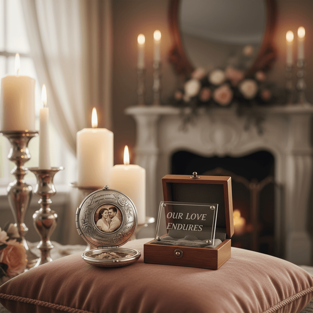 engraved jewelry or custom photo gift in romantic setting, candlelight, soft tones